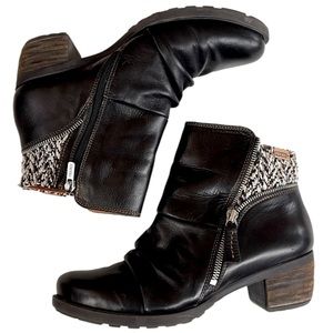 Black Leather Ankle Boots with Woven Accent - Compact Heel